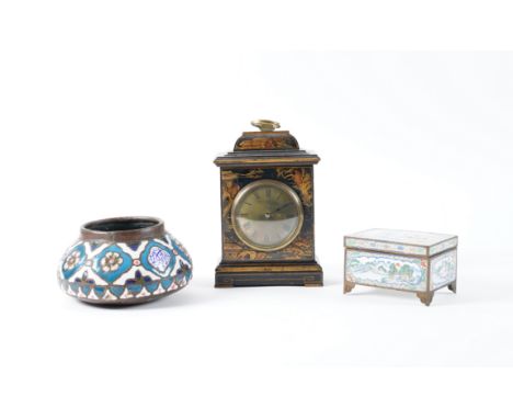 A BLACK AND GILT LACQUERED MANTEL CLOCK, A CHINESE ENAMELLED BOX AND A MIDDLE EASTERN ENAMELLED BOWL (3)19th Century The cloc