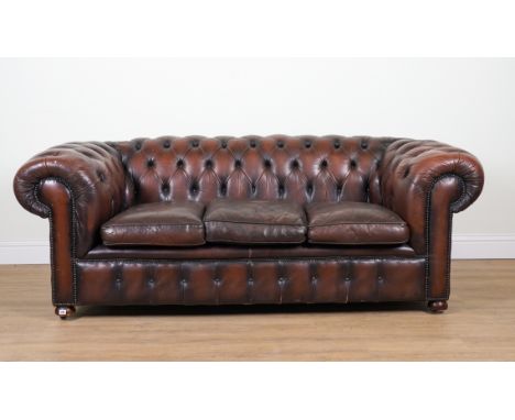 A VICTORIAN STYLE STUDDED TAN LEATHER UPHOLSTERED CHESTERFIELD SOFA213cm wide; 75cm high