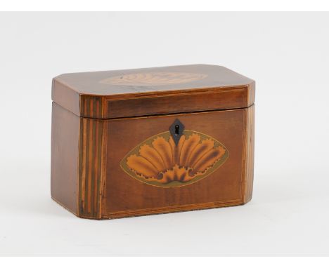 A GEORGE III SHELL MARQUETRY INLAID SATIN WOOD CANTED RECTANGULAR TEA CADDYWith twin lidded interior, 18cm wide; 11cm deep; 1