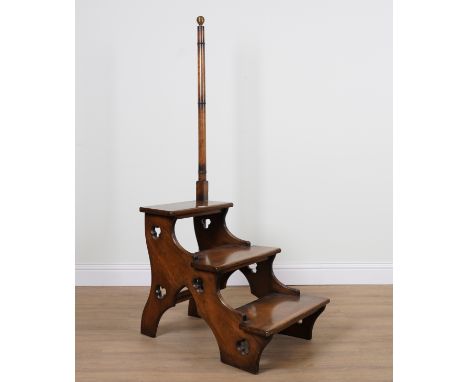 A SET OF GOTHIC REVIVAL MAHOGANY THREE RUNG LIBRARY STEPS60cm wide; 166cm highTop step is 66cm high good overall condition so