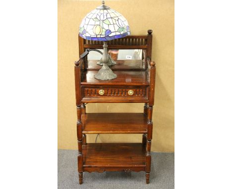 A small mahogany single drawer cabinet, H. 103cm together with a Tiffany style table lamp, (lamp a/f).