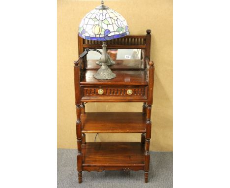 A small mahogany single drawer cabinet, H. 103cm together with a Tiffany style table lamp, (lamp a/f).