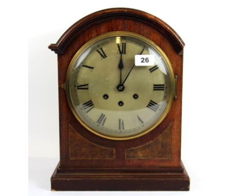 A Gustav Becker inlaid mahogany chiming mantle clock, H. 37cm.