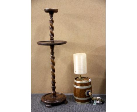 An interesting oak barrel bar lamp and an oak smokers stand.