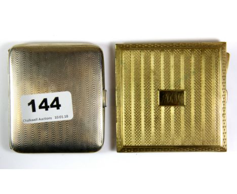 A hallmarked silver cigarette case with engine turned decoration, 8 x 7cm, together with a gold plated Art Deco cigarette cas