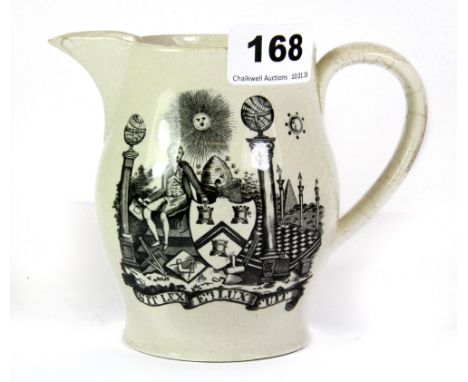 Masonic interest, a 19th century ceramic jug, H. 12cm (a/f).