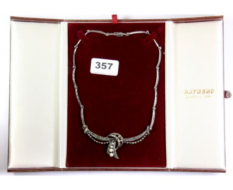 A vintage 925 silver and marcasite pearl set necklace.