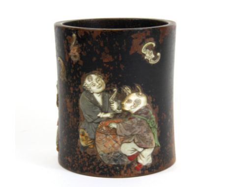 A superb 19th century Chinese mother of pearl and hardstone decorated bamboo brush pot, H. 12cm.