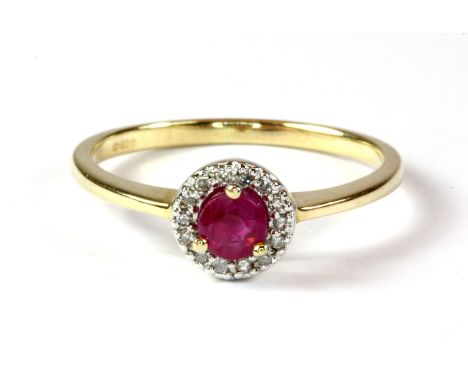 A 9ct yellow gold ruby and diamond halo ring, (O.5).