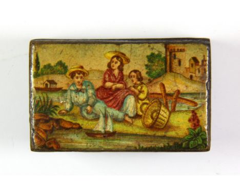 A small hand painted papier mache snuff box, W. 4.5cm.