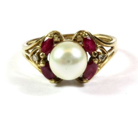 A 9ct yellow gold ruby, diamond and pearl set ring, (L.5).