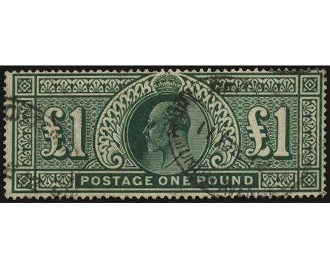 1911-13 Somerset House printing, £1 deep green (SG 320), light creasing and a couple of missing perfs, used by two part Throg