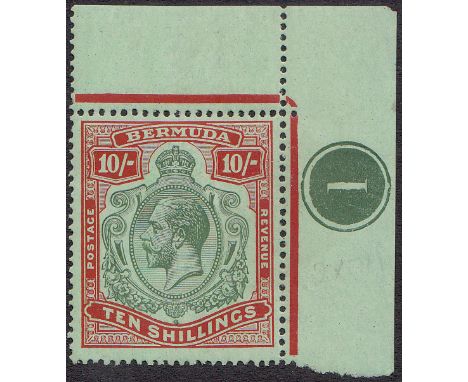 1924-32 10s green and red on deep emerald n/e corner marginal example showing break in scroll variety (SG 92ga)  fine u/m, ca