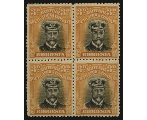 1919 Admirals, Head Die III, perf 14, 3d black and ochre (SG 260), block of 4, stamp 2 showing 'chopstick' flaw, fresh appear
