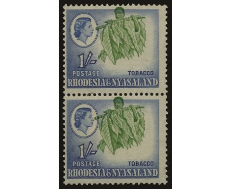 1959-62 1s light green and ultramarine vertical pair with upward shift of green centre into top margin (SG 25/var), only one 