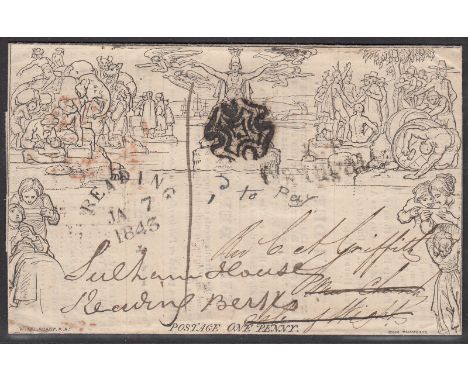 1843 January 2, 1d Mulready lettersheet (forme 6, stereo A236), with an atlas Assurance Company advertisement (MA103i), very 