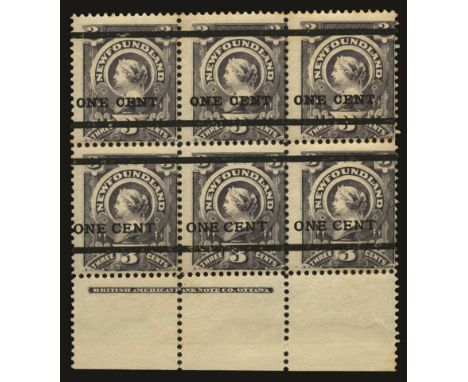 1897 1c on 3c grey-purple, lower marginal imprint block of 6, upper strip surch type 36, lower strip type 37 (SG 80/1), off c