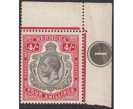 1918-22 4s black and carmine, n/e corner marginal single showing R1/12 repaired break in scroll variety which shows as a nick