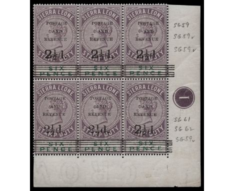 1923 2½d on 6d dull purple and green s/e corner marginal plate block of 6, (types 8 x 4, 11, 12) the top right stamp showing 