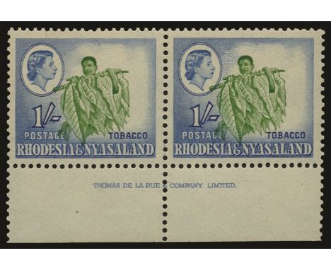 1959-62 1s light green and ultramarine, horizontal lower marginal imprint pair with centre shift to lower left (SG 25var), on
