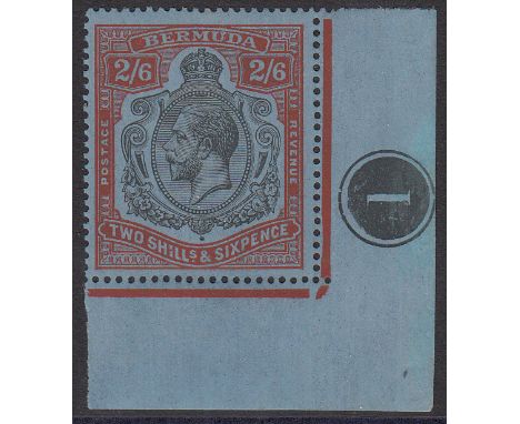 1924-32 2s6d black and vermilion on deep blue, s/e corner marginal example showing R5/12 gash in fruit and leaf (SG 89jg) a f
