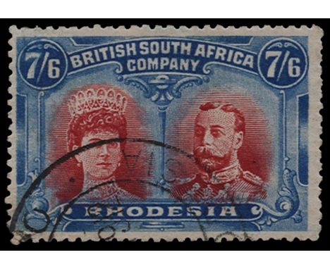 1910-13 Double Head, perf 14, 7s 6d carmine and light blue (SG 162) a couple of short perfs top left, cto used, cat £1,400 