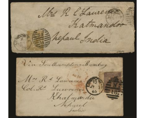 Indian Post Office in Nepal-Incoming Mail: 1865 and 1869 two covers from London to Col R'd Lawrence (British resident in Kath