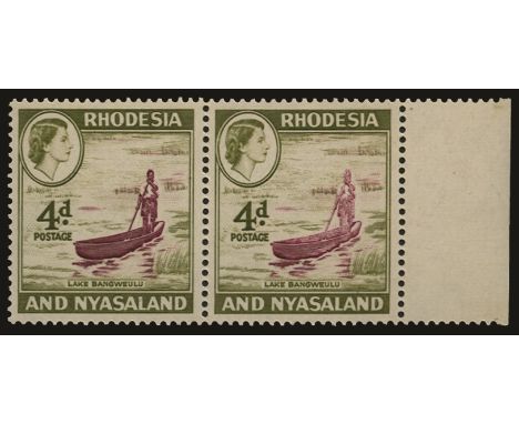 1959-62 4d Lake Bangweulu r/h marginal horizontal pair, the r/h stamp showing dry print causing boatman to appear pink rather