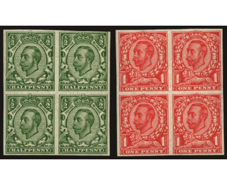 1912 (Sept) wmk multiple cypher, ½d green and 1d scarlet in imperf blocks of 4 (SG 346b, 350b), former close at upper right w
