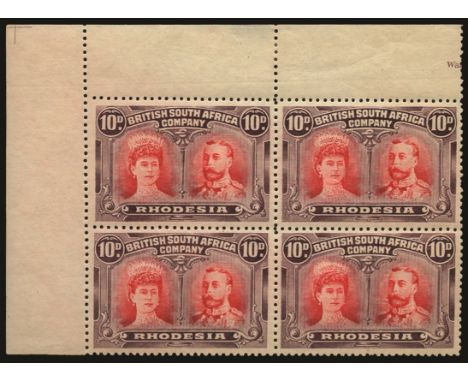 1910-13 Double Head, perf 14, 10d scarlet and reddish mauve (SG 149), n/w corner marginal block of 4, pos. 1-2/6-7, hinged on