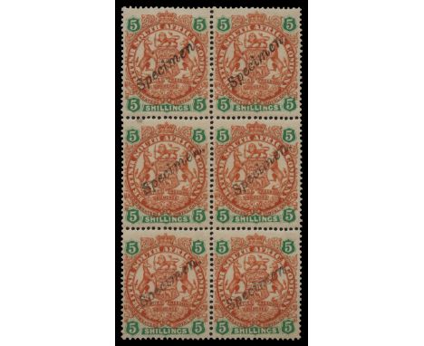 1896-97 Die II, 5s chestnut and emerald block of 6 (2x3) overprinted "Specimen",  stamp 3 showing missing top to 'n' variety 