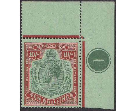 1924-32 10s green and red on pale emerald n/e corner marginal example showing repaired break in scroll variety (SG 92a)  fine