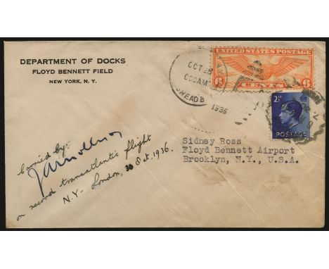 1936 Envelope addressed to Sidney Ross at Floyd Bennet Airport in New York and bearing British 2½d bright blue tied by '6 Nov