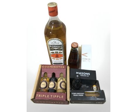 A bottle of Bushmills Irish whiskey, 1l, further spirits including Masons gin, Starward Australian whisky etc