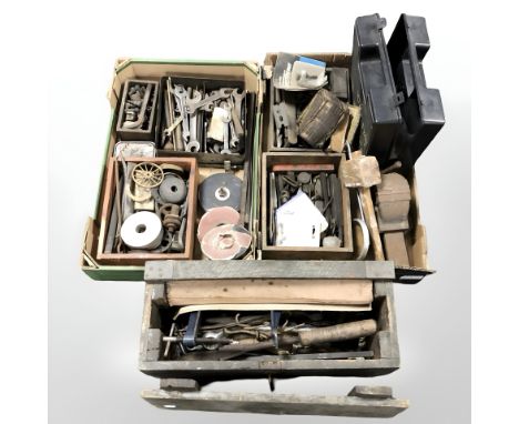 A collection of vintage hand tools and hardware, gas torch, vice, etc. (2 boxes, plus a pine tool box)