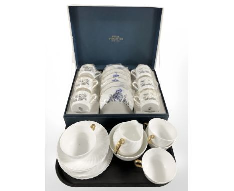 A boxed Royal Worcester bone china twelve piece coffee service, together with four Adderley teacup and saucer trios, and a fu