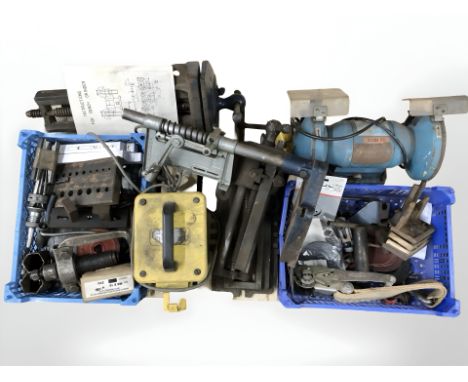A bench grinder, transformer, various hand tools and hard ware 