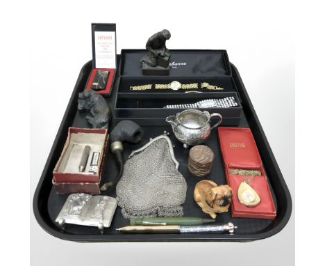 A tray of lady's mesh purse, pipe, safety razor, figures, costume watches, lighter etc 