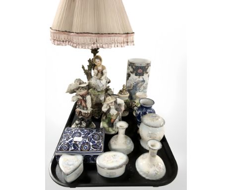 A continental figural table lamp, a Capo Di Monte figure of a gamekeeper with dog, Royal Worcester Spode palissy dressing tab