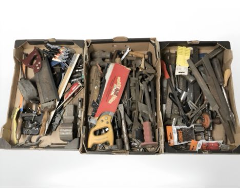 A large quantity of vintage hand tools, hardware, wood working items etc (3 boxes)