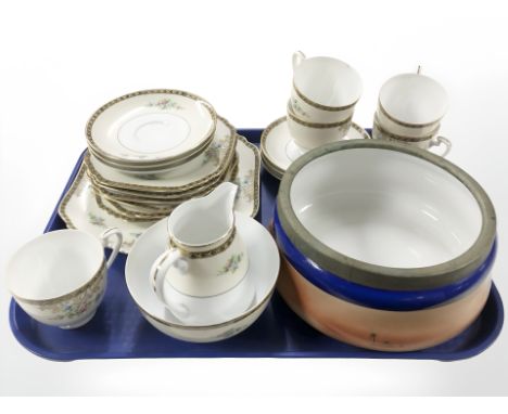 A Noritake part tea set and a transfer printed bowl with plated rim 