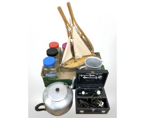 A pond yacht, pair of snow shoes, glass storage jars, wooden gavel, aluminium coffee pot, a Vitolator etc (1 box)