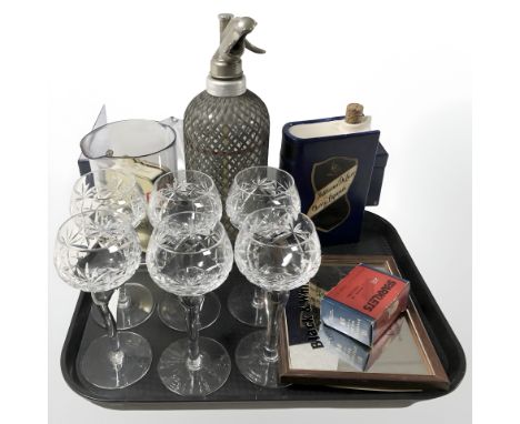 A Sparklets glass soda syphon, boxed set of Sparklets canisters,  Patterson's cherry liqueur decanter in the form of a book (