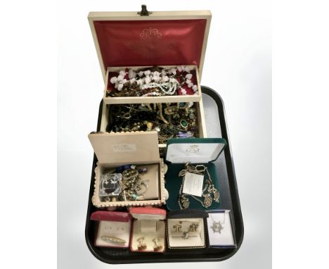 A tray of contemporary jewellery boxes and their contents comprising bead necklaces, earrings, cufflinks, tie clip, etc. 