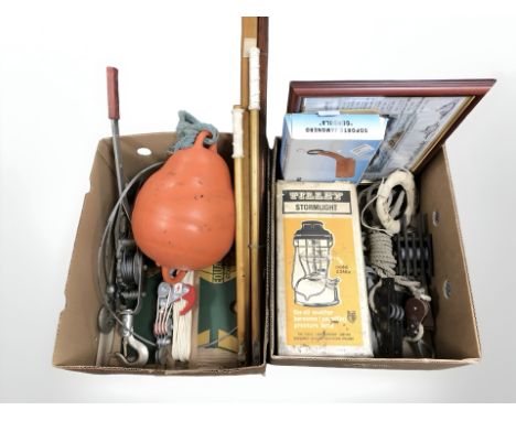 A boxed Tilley storm light and various nautical items including anchor, rope pulley, winches, wooden tiller etc (2 boxes)