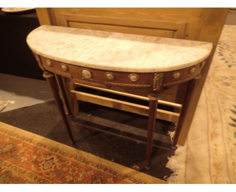 Brass mounted marble top demi-lune console table with Sevres style ceramic panel to base