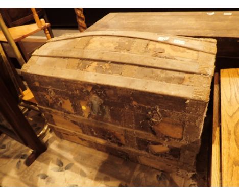 Large antique dome top luggage trunk with wooden bonding A/F L: 77 cm 