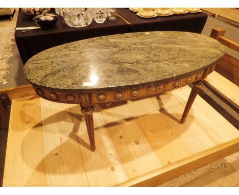 20th Century marble top oval coffee table with Sevres style ceramic panels to the base