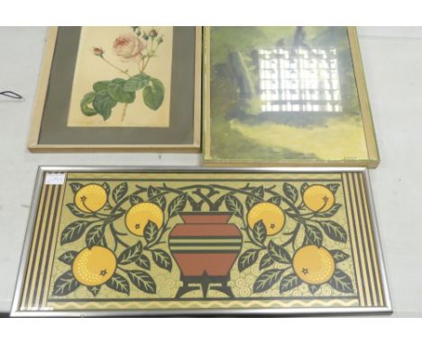 Three 20th Century Artworks, includes Gilt Orange Vase example wthh integral SB monogram, print of a rose and an impressionis