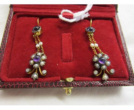 Pair of amethyst, seed pearl &amp; diamond earrings